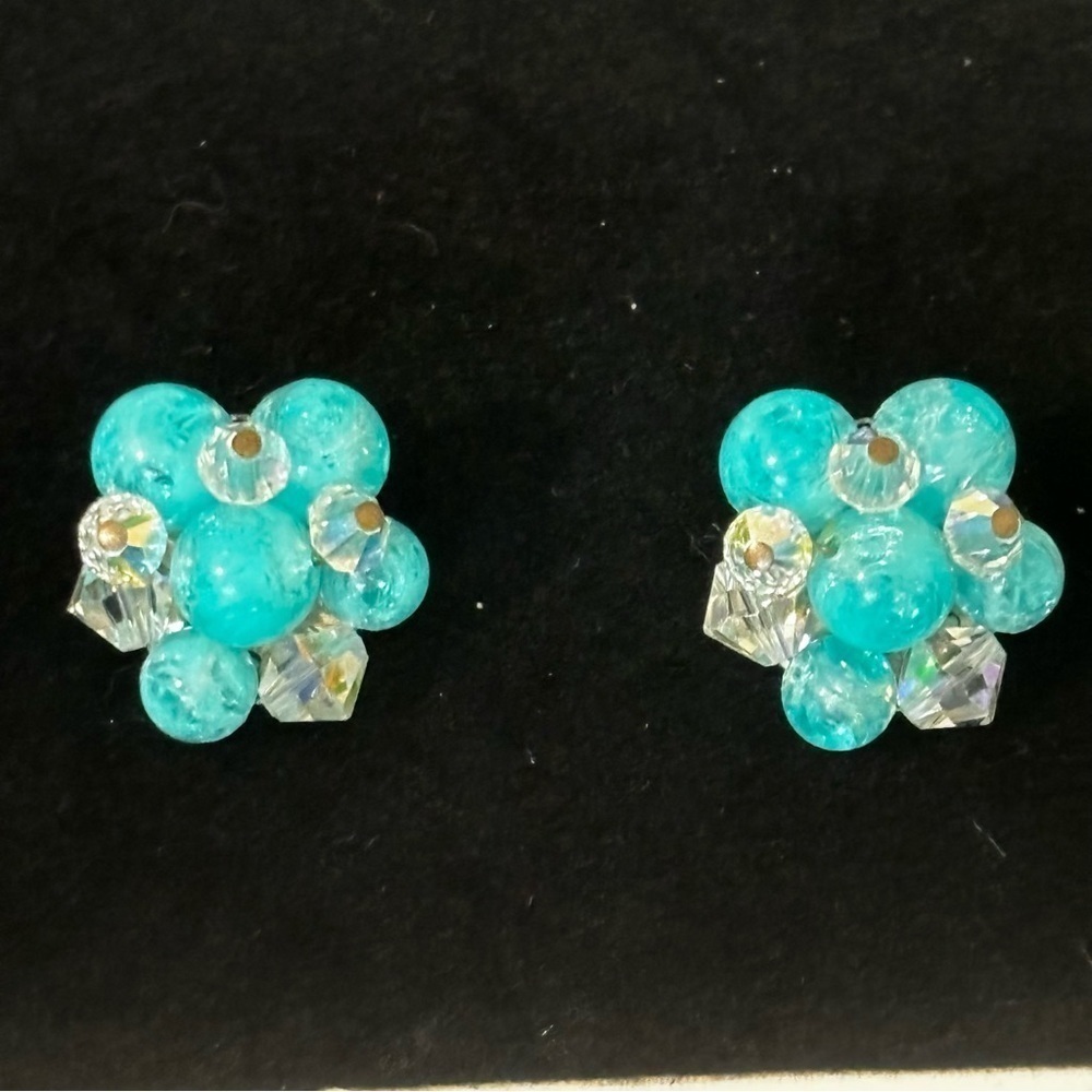 Vintage blue crackled glass beads with AB crystals on silver tone